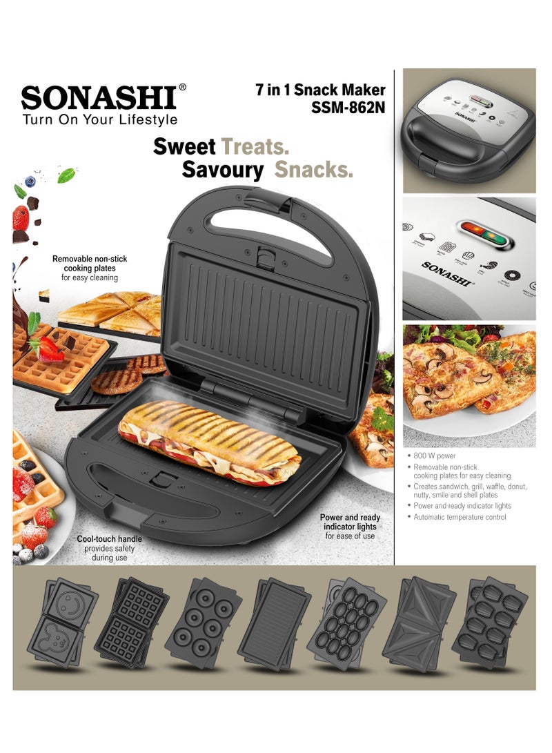 7-In-1 Non-Stick Multi Snack Maker with Detachable Sandwich/Grill/Waffle/Donut/Nutty/Smile/Shell Cake Plates | Compact Body with Cool-touch Handle | Indicator Light with Auto Cut-OFF feature | Anti-skid Feet | 800 W SSM-862N Black/Silver