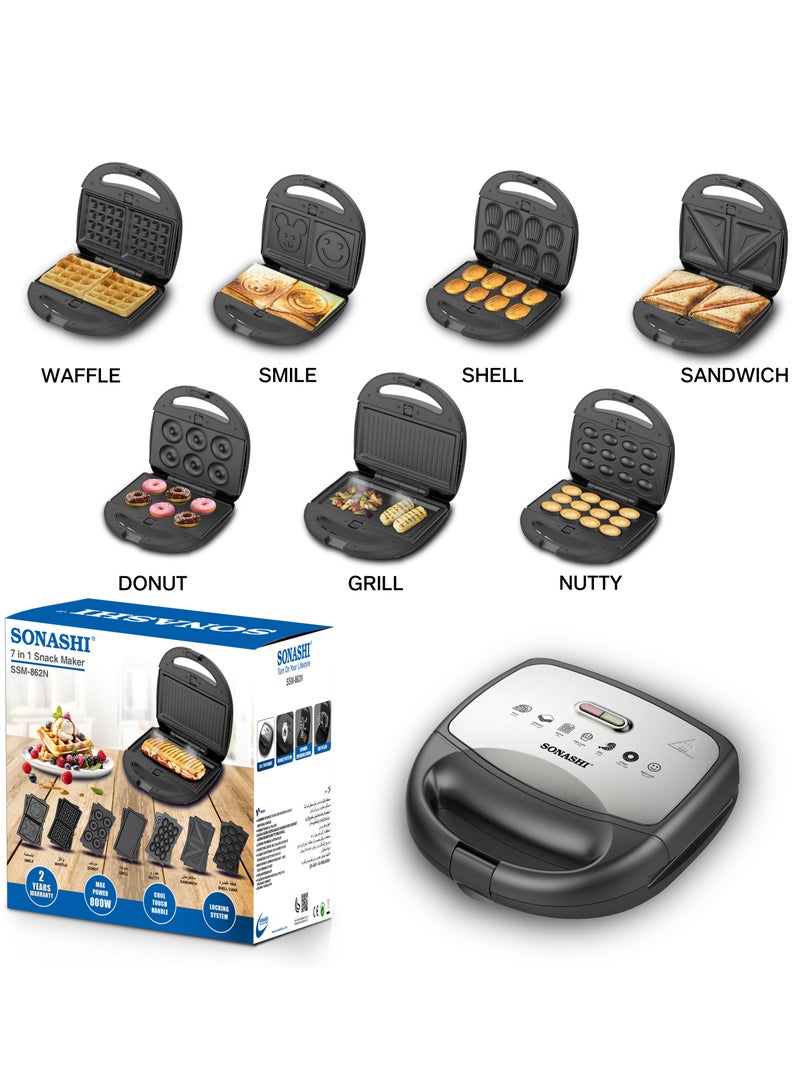 7-In-1 Non-Stick Multi Snack Maker with Detachable Sandwich/Grill/Waffle/Donut/Nutty/Smile/Shell Cake Plates | Compact Body with Cool-touch Handle | Indicator Light with Auto Cut-OFF feature | Anti-skid Feet | 800 W SSM-862N Black/Silver