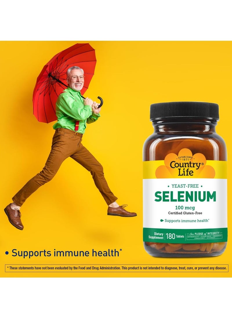 Country Life Selenium, Yeast Free, Supports Immune Health, 100mcg, 180 Tablets, Certified Gluten Free, Certified Vegan, Certified Halal