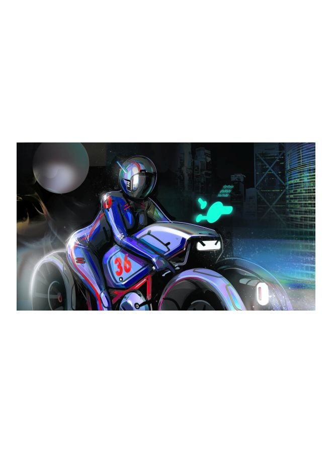 Motorbiker Themed Canvas Print With Frame Blue/Green/Grey 100x56x3.5cm