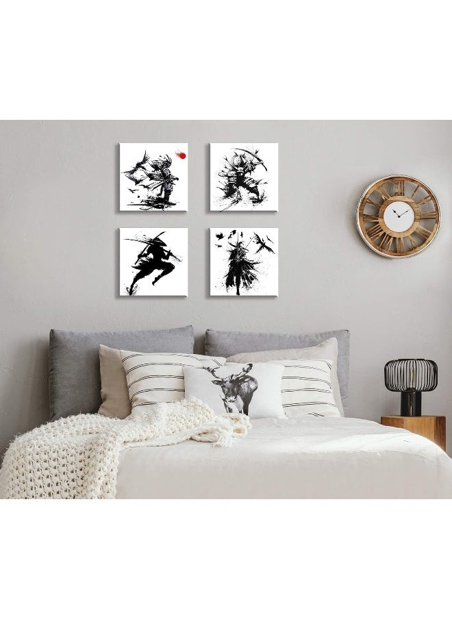 Japanese Samurai Canvas Wall Art Black And White Warrior Figure Painting Modern Home For Office Living Room Decor Minimalism Ancient Character Posters Stretched And Framed Ready To Hang