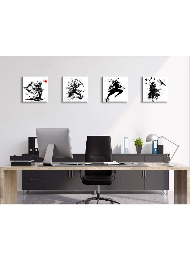 Japanese Samurai Canvas Wall Art Black And White Warrior Figure Painting Modern Home For Office Living Room Decor Minimalism Ancient Character Posters Stretched And Framed Ready To Hang