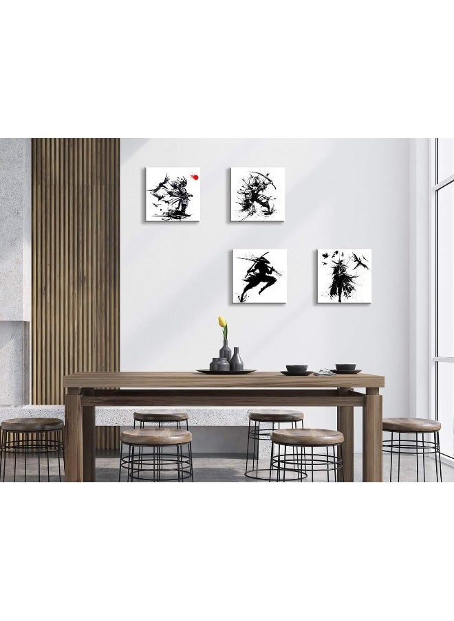 Japanese Samurai Canvas Wall Art Black And White Warrior Figure Painting Modern Home For Office Living Room Decor Minimalism Ancient Character Posters Stretched And Framed Ready To Hang