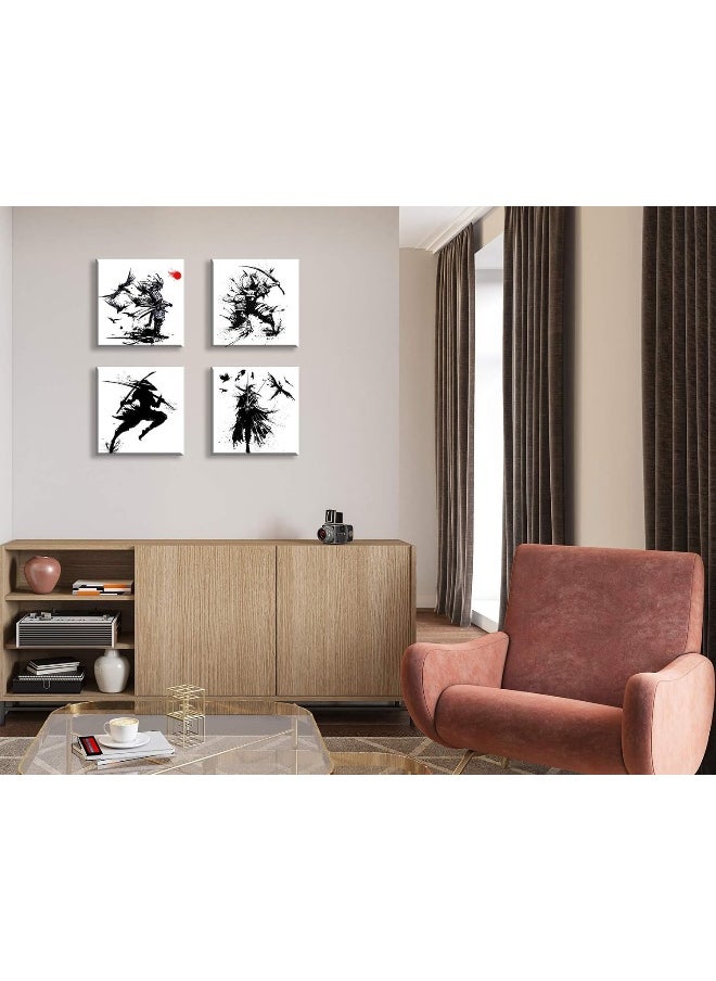 Japanese Samurai Canvas Wall Art Black And White Warrior Figure Painting Modern Home For Office Living Room Decor Minimalism Ancient Character Posters Stretched And Framed Ready To Hang