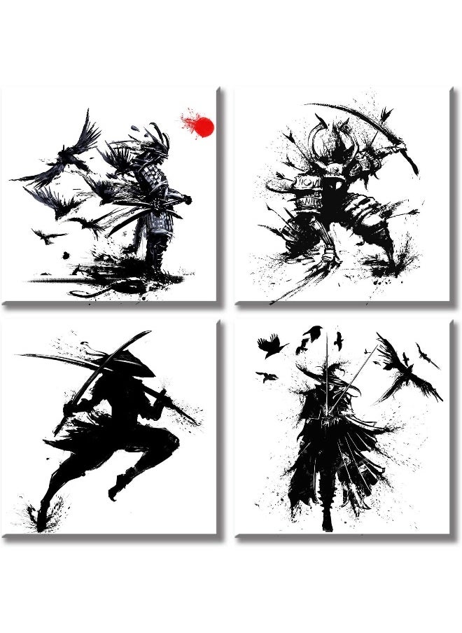 Japanese Samurai Canvas Wall Art Black And White Warrior Figure Painting Modern Home For Office Living Room Decor Minimalism Ancient Character Posters Stretched And Framed Ready To Hang