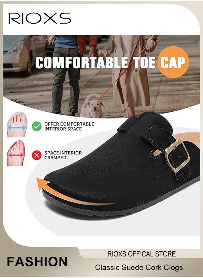 Unisex Suede Clogs,Premium Suede Leather Clogs Sandals For Women And Men,Anti-Slip Flat Mules,Classic Slip-On Closed Toe Slippers,Clogs With  Arch Support And Adjustable Buckle,Casual Clogs For Indoors Outdoor Activities