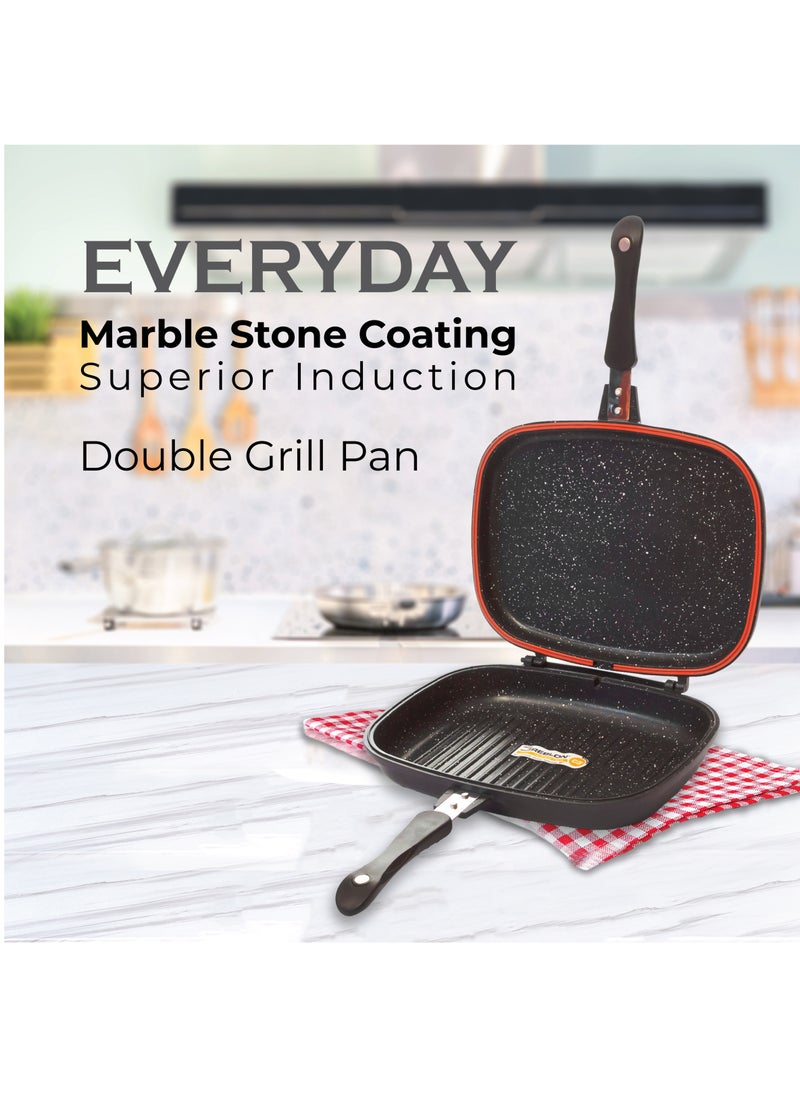 Die-Cast Aluminum Nonstick Double Frying Pan, German Marble Granite, PFOA Free, Scratch Resistance, 32 cm, Black - Suitable for All Types of Stoves