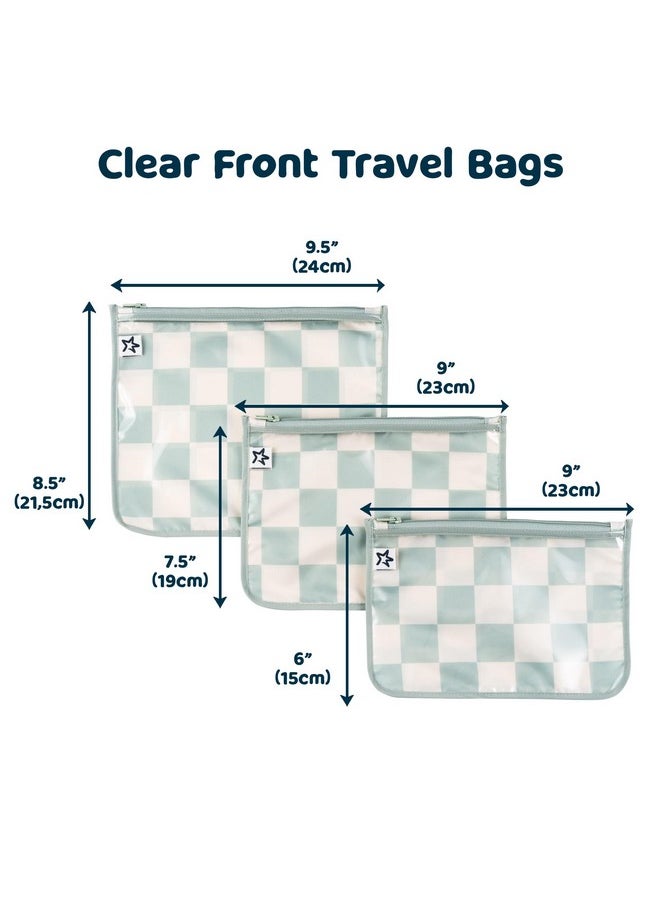 Mess-Proof Travel Bags, Airline Compliant, Zipper Closure, Clear Front Pouch, Diaper Bag Packing, Toiletry Or Cosmetics Organizer 3 Pack Set (Sage Checkers)