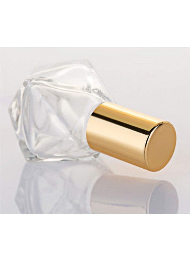 10 Pcs Mini Portable Polygonal Clear Glass Roller Bottle,8Ml/0.27Oz Diy Travel Essential Oil Roll On Bottle With Stainless Steel Ball Gold Cap