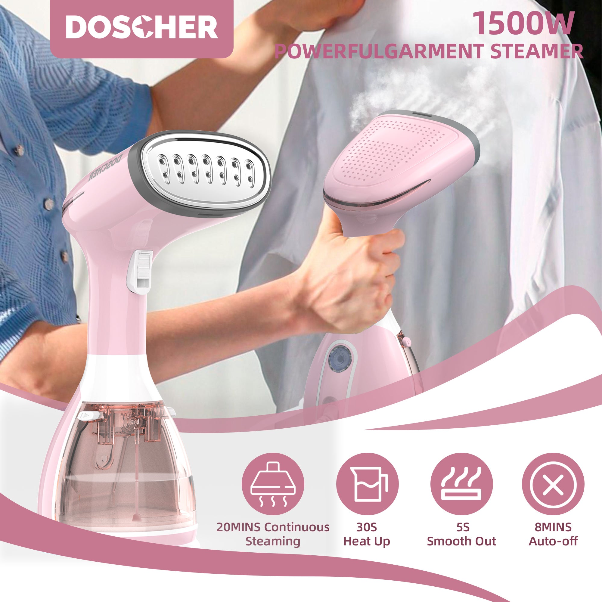 Garment Steamer Iron,High-Power Handheld Garment Steamer Clothes Steamer Portable Steam Iron 30s Fast Heat-up Ironing Wrinkle Remover -1500W 280ML