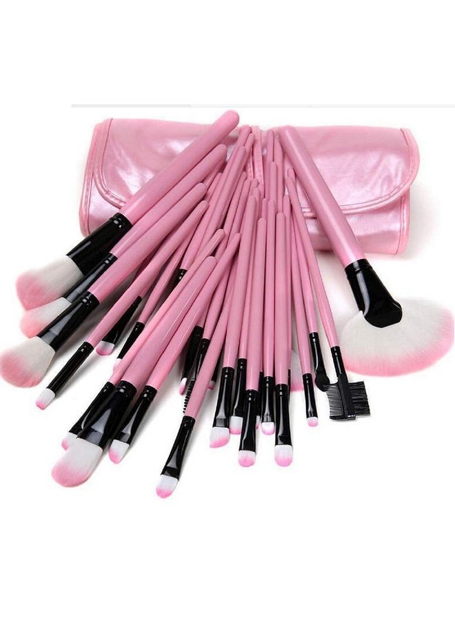 Soft Bristle Makeup Brush Set With Storage Pouch- Pink, 24 Pieces