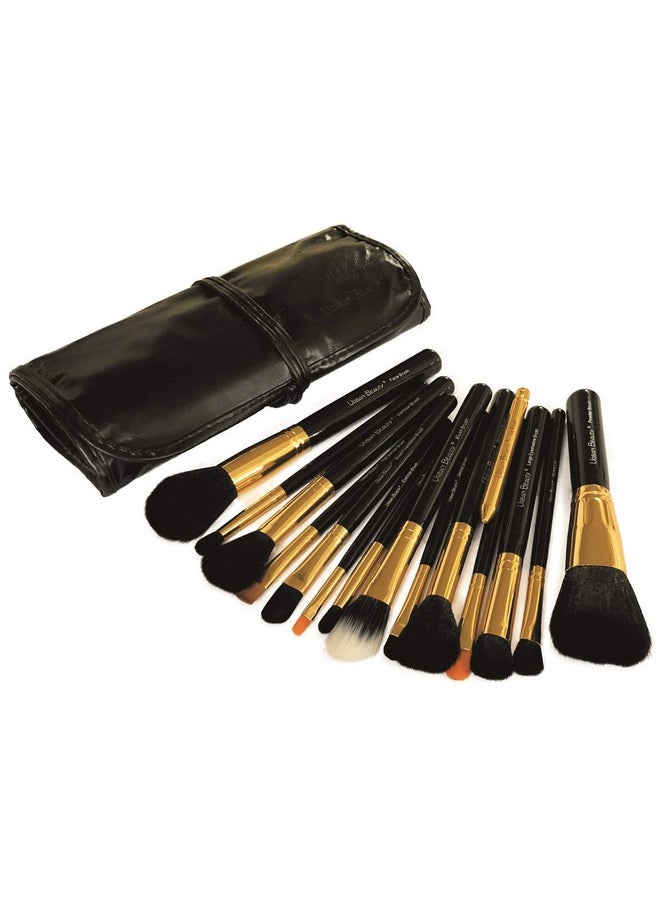 Urban Beauty Makeup Brush Set With Storage Pouch Model Ub-115 (Black And Gold)-15 Pieces Powder Brush, Face Brush, Large Eye Shadow Brush, Eyeliner Brush, Foundation Brush, Blending Brush Highlight Brush, Contour Brush, Blush Brush, Eye Shadow Brush, Fluff Brush, Shading Brush, Flat Definer Brush, Definer Brush, Lip Brush