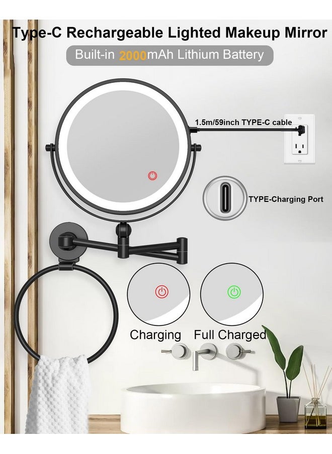 Height Adjustable Wall Mounted Makeup Mirror, Rechargeable Lighted Makeup Mirror 8 Inch Double Sided 1X/10X Magnifying Vanity Mirror With 3 Color Lights Dimmable 360 Swivel Extendable Arm