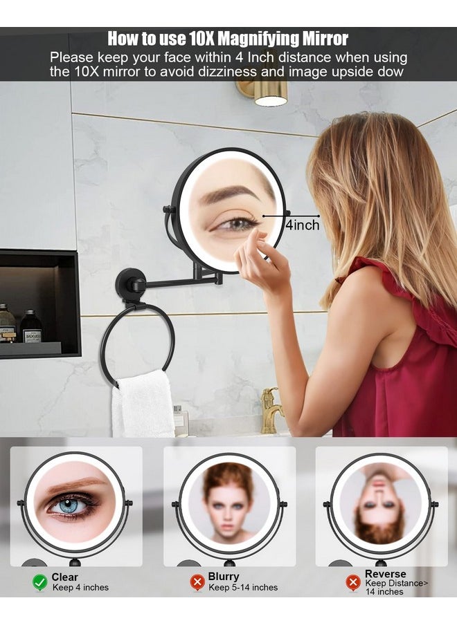 Height Adjustable Wall Mounted Makeup Mirror, Rechargeable Lighted Makeup Mirror 8 Inch Double Sided 1X/10X Magnifying Vanity Mirror With 3 Color Lights Dimmable 360 Swivel Extendable Arm