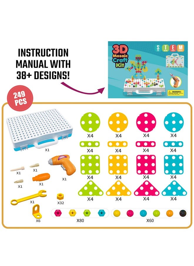 249 Pcs Stem Learning Toys - Electric Drill Diy Educational Set, Creative Engineering With Various Shapes And 5 Toy Tools - 2&3D Mosaic Construction Kit For Toddlers, Boys And Girl Ages 3 4 5 6 7 8 9