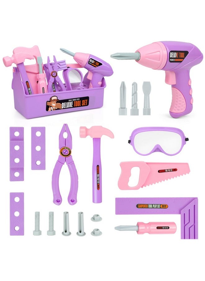 Kids Tool Set, Kids Construction Tool Set With Drill And Tool Box, Tool Set For Kids Age 3-5, Pretend Play Learning Tools Kids Toys Gifts For Toddlers Boys Girls (Pink & Purple Color)