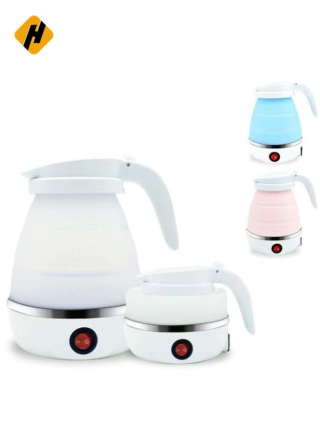 Travelling Folding Kettle 600ml Upgraded Food Grade Silicone Portable Kettle 5Mins Heater To Quickly Foldable Electric Kettle (White Handle-Fold Type)