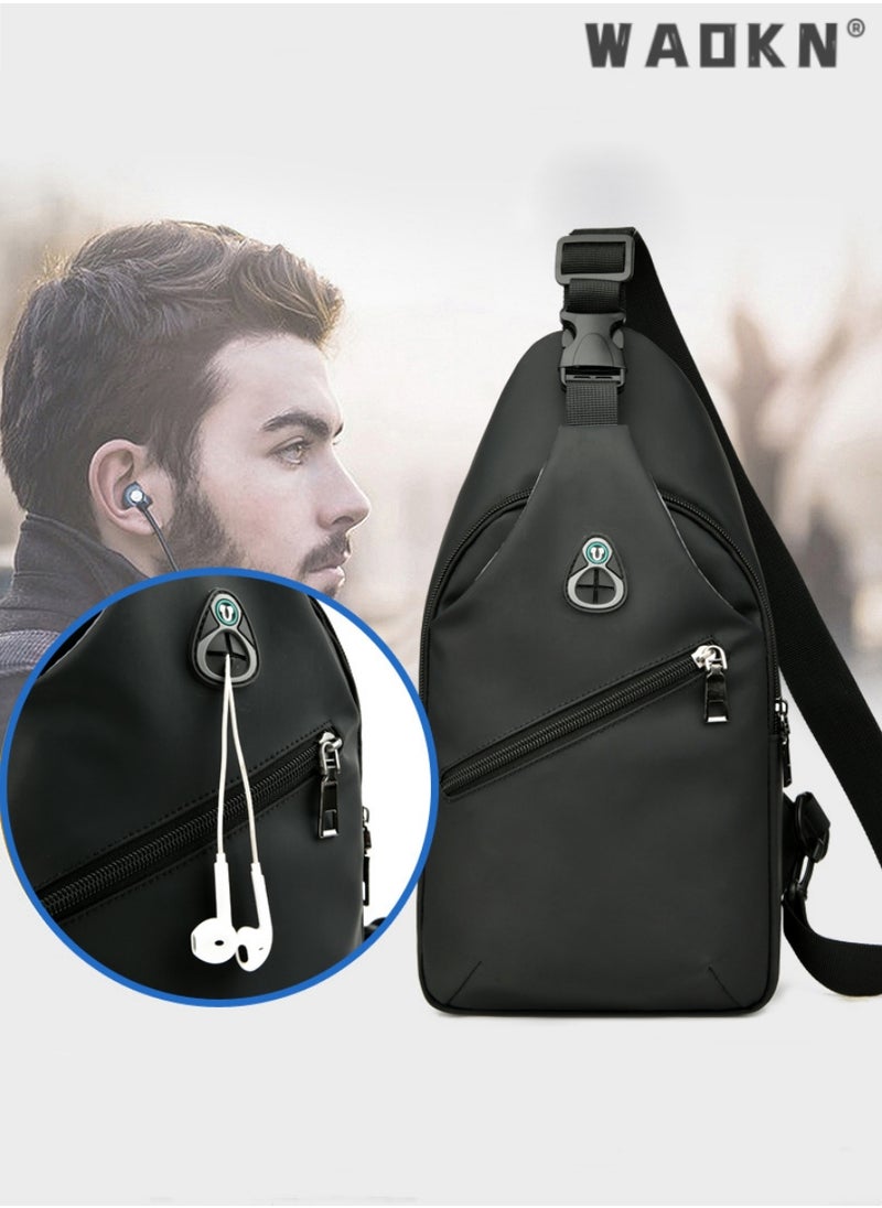 Sling Crossbody Bag Small Shoulder Backpack, Body Chest Shoulder Bag for Men Women Casual Shoulder Backpack Bag, Waterproof Leather Chest Casual Daypack with Usb Charging Port for Travel Hiking Black