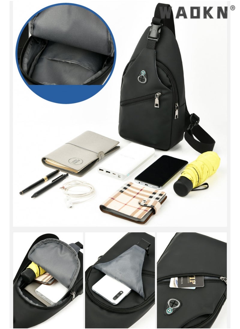 Sling Crossbody Bag Small Shoulder Backpack, Body Chest Shoulder Bag for Men Women Casual Shoulder Backpack Bag, Waterproof Leather Chest Casual Daypack with Usb Charging Port for Travel Hiking Black
