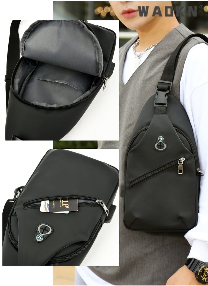 Sling Crossbody Bag Small Shoulder Backpack, Body Chest Shoulder Bag for Men Women Casual Shoulder Backpack Bag, Waterproof Leather Chest Casual Daypack with Usb Charging Port for Travel Hiking Black