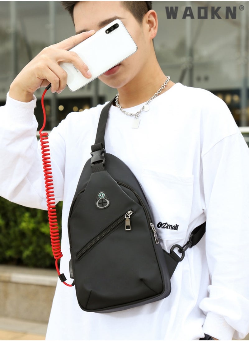 Sling Crossbody Bag Small Shoulder Backpack, Body Chest Shoulder Bag for Men Women Casual Shoulder Backpack Bag, Waterproof Leather Chest Casual Daypack with Usb Charging Port for Travel Hiking Black