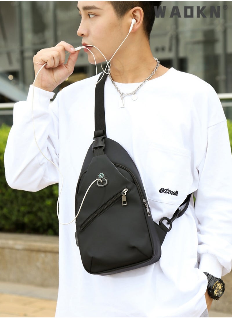 Sling Crossbody Bag Small Shoulder Backpack, Body Chest Shoulder Bag for Men Women Casual Shoulder Backpack Bag, Waterproof Leather Chest Casual Daypack with Usb Charging Port for Travel Hiking Black