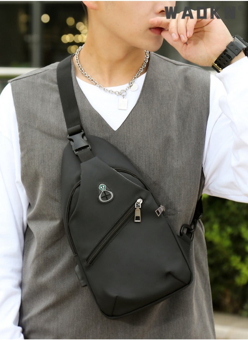 Sling Crossbody Bag Small Shoulder Backpack, Body Chest Shoulder Bag for Men Women Casual Shoulder Backpack Bag, Waterproof Leather Chest Casual Daypack with Usb Charging Port for Travel Hiking Black