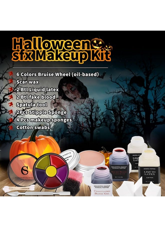 Halloween Liquid Latex Special Effects Sfx Makeup Kit - Scar Wax + 2 Btl Liquid Latex + 2 Btl Fake Blood + Spatula Tool + 2Pcs Stipple Sponge + 4Pcs Makeup Sponges + Cotton Swabs