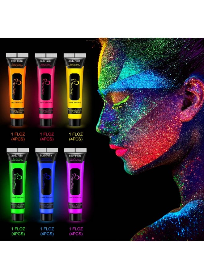 Glow In The Uv Dark Body Paint Luminous Neon Paint, 1 Fl.Oz X 24 Pcs In 6 Colors Party Supplies Black Light Paint Water Soluble Uv Light Makeup For Party Cosplay