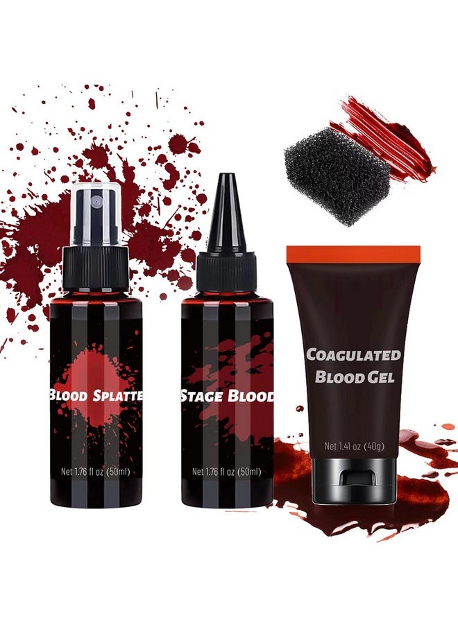 Halloween Fake Blood Kit - Fake Blood Spray, Blood Splatter, Coagulated Blood Gel, Stage Blood, Stipple Sponge, Realistic Special Effect Makeup Kit For Zombie Vampire Monster Halloween Costume