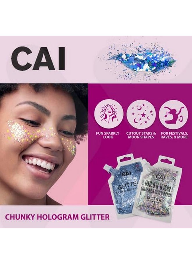 Body Glitter Gel- Face, Body & Hair (1 Pk Silver) Chunky Iridescent Holograph Stars & Moon, 3 Oz | Cosmetic-Grade Makeup, Apply Without Glue, Easy To Take Off & Keep Skin Clean - For Concerts, Raves