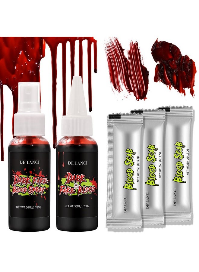 Halloween Fake Blood Makeup Kit-Fake Blood Spray 1.76Oz+Dripping Blood 1.76Oz+3 Pcs Fake Coagulated Blood 0.17Oz, Realistic Washable Special Effects Zombie Sfx Makeup Set For Vampire,Monster,Face Body