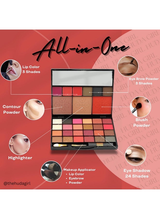 All-In-One Makeup Kit With Mirror - Includes 24 Eyeshadow Palette With Brush, 3 Eyebrow Powder, 3 Lip Gloss, 2 Applicator, Blush Contour And Highlighter Palette For Girl & Womens