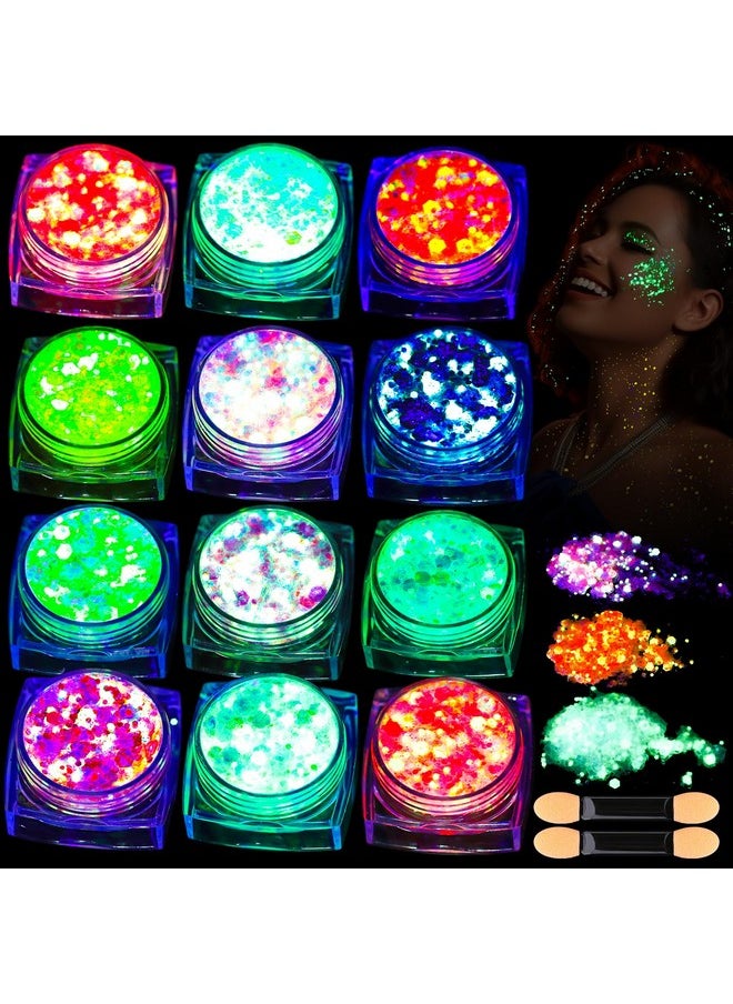 12 Colors Glow In The Dark Glitter Gel, Body Glitter Gel Face Glitter Gel Hair Glitter Gel, Uv Black Light Glitter, Chunky Glitter Makeup For Raves Festivals