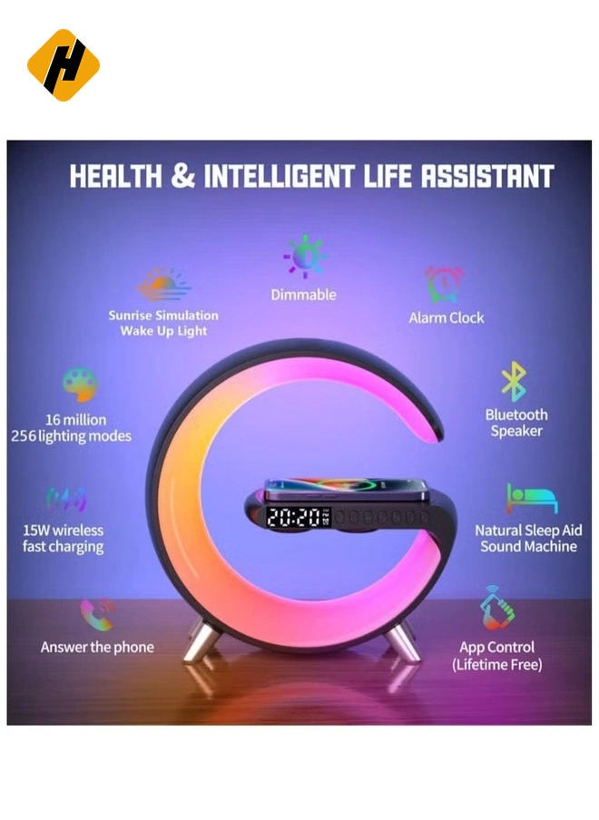 Wireless Charger Atmosphere Lamp, Portable LED Bluetooth Speaker Wireless Charger with Desk Lamp Bedside RGB Night Light, App Control Mini Music Lamp Digital Alarm Clock Speaker