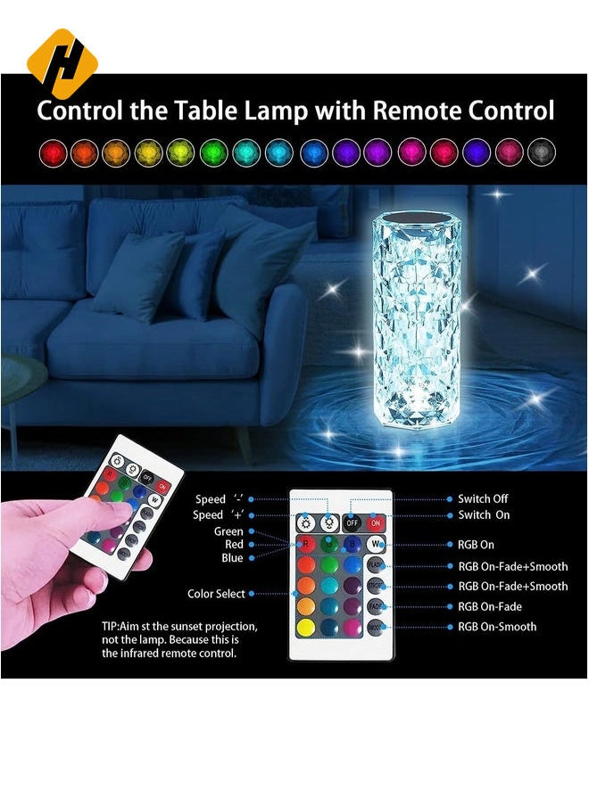 Crystal Light Lamp Color Changing Lamps Table Lamp with Touch & Remote Control, Diamond LED Night Light Rechargeable Rose Romantic Date Lighting Decor for Festival, Home, Restaurant