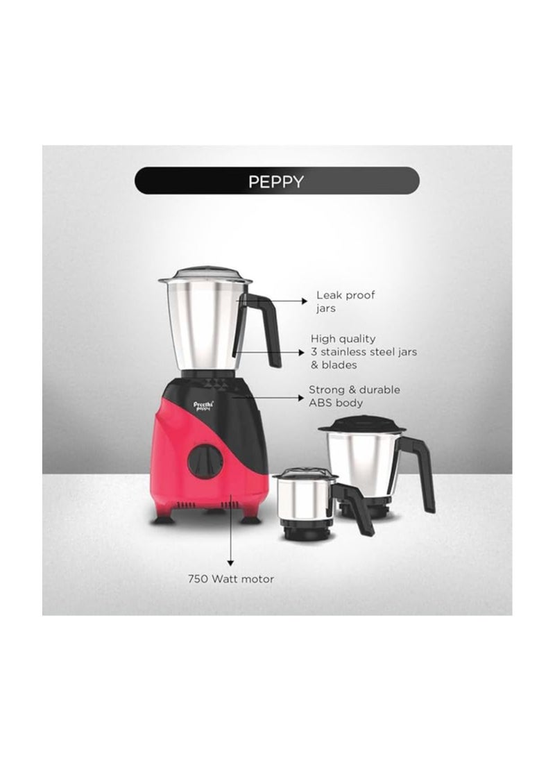 Preethi Peppy MG-245 Mixer Machine Grinder, 750 watt, Black & Red, 3 jars, Vega W5 Motor with 5yr Warranty & Lifelong Free Service