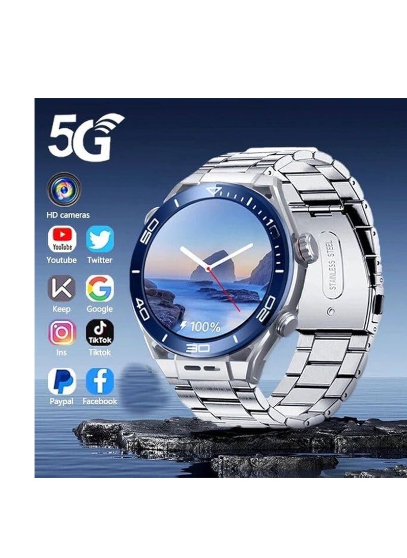 5G Round Model CY01 Android Smart watch With Dual Camera, Android OS Pre installed apps, AMOLED Display screen | Sports and fitness Tracker 6Gb Ram 64Gb Rom With SIm Slot (3 strap) - SILVER