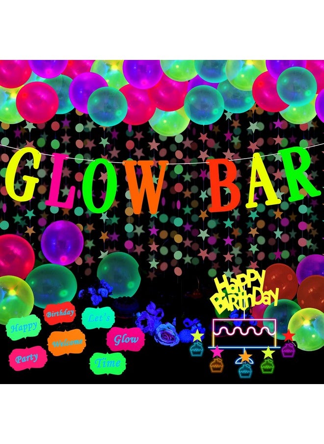 Glow Neon Party Supplies Glow Bar Banner Fluorescent Balloons Yellow Happy Birthday Cake Toppers Star Cupcake Toppers Fluorescent Table Tent Cards For Glow Birthday Party