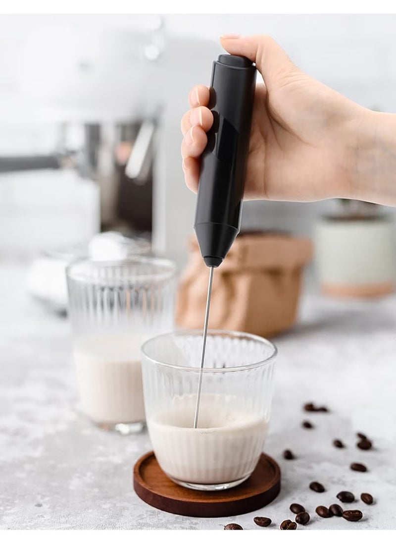 Handheld Milk Frother with Stand – Battery Operated Mini Electric Mixer for Coffee, Lattes, Cappuccinos, Matcha, and Hot Chocolate (Black)