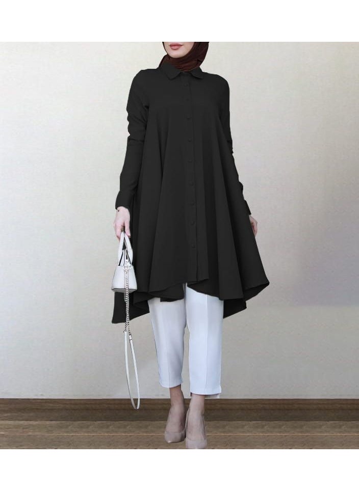 New Solid Color Minimalist Temperament Lapel Shirt Skirt Mid Length Dress