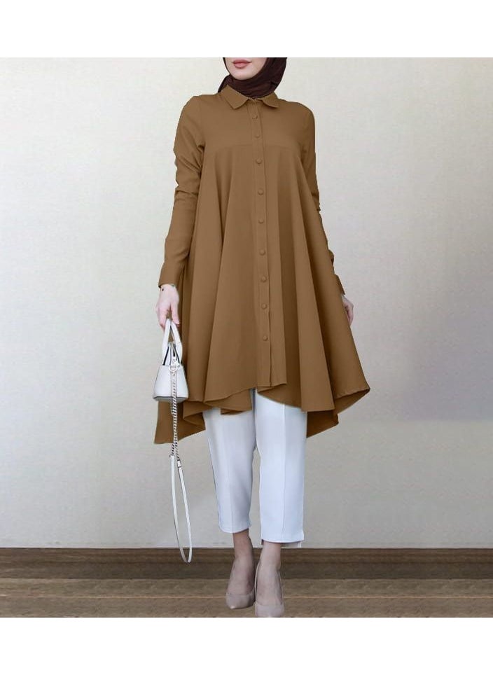 New Solid Color Minimalist Temperament Lapel Shirt Skirt Mid Length Dress