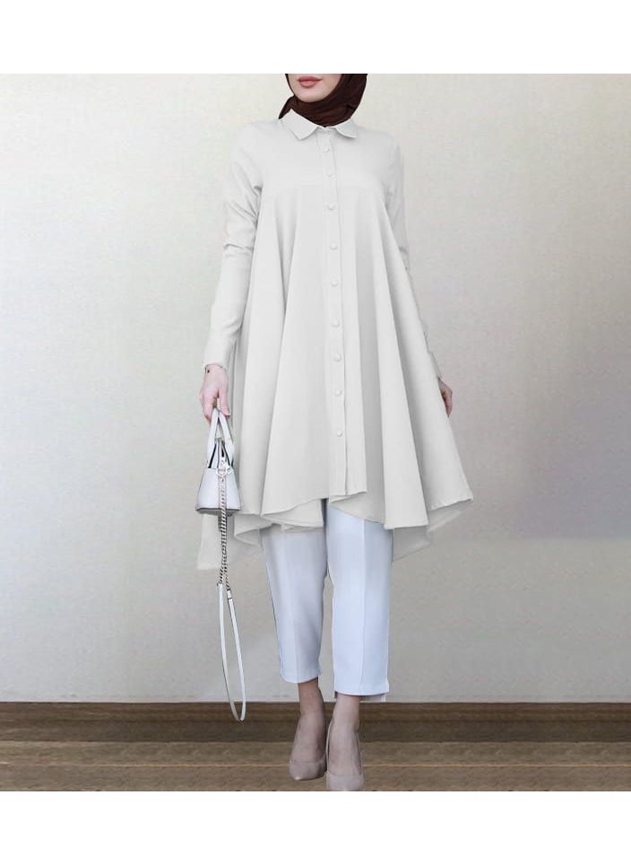 New Solid Color Minimalist Temperament Lapel Shirt Skirt Mid Length Dress