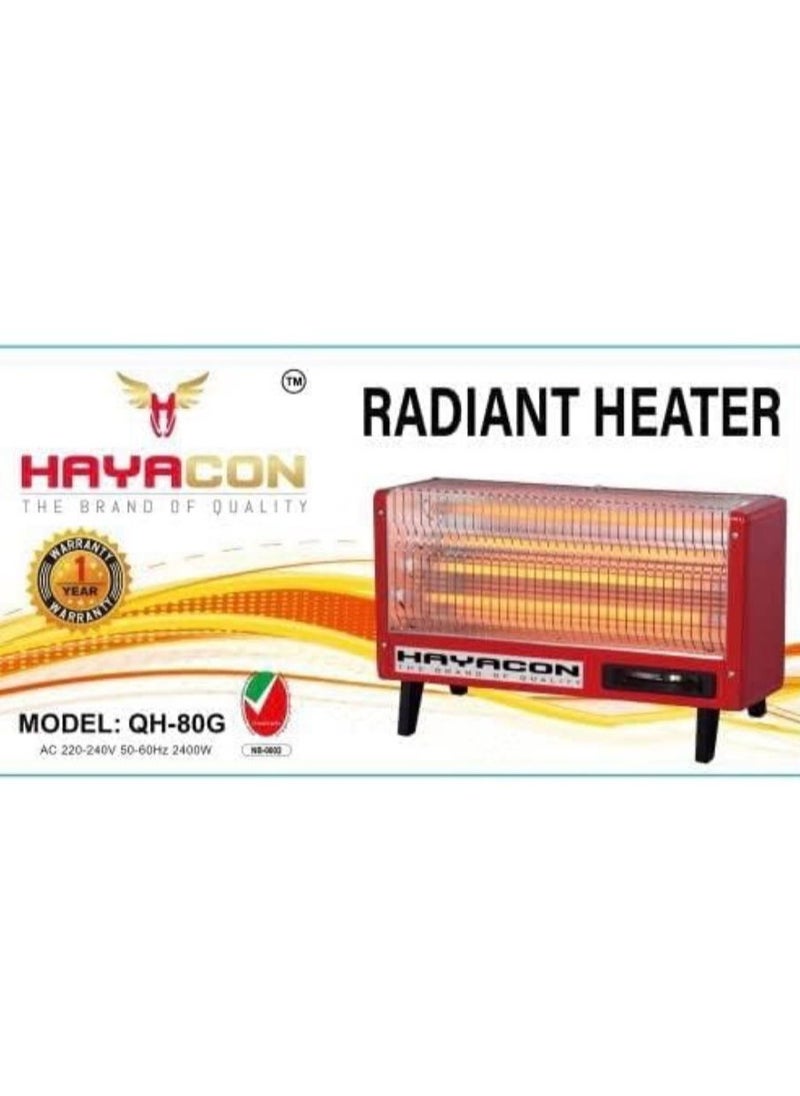 HAYACON-ROOM HEATER with two heating level control switches- Two quartz tubes, wide angle heat reflecting model,classic design, TIP-OVER safety switches,QH 80 G