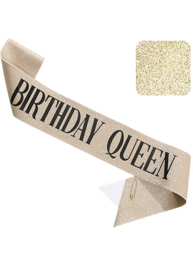 Gold Glitter Birthday Queen Sash For Women Girls, Happy Birthday Party Supplies And Decorations