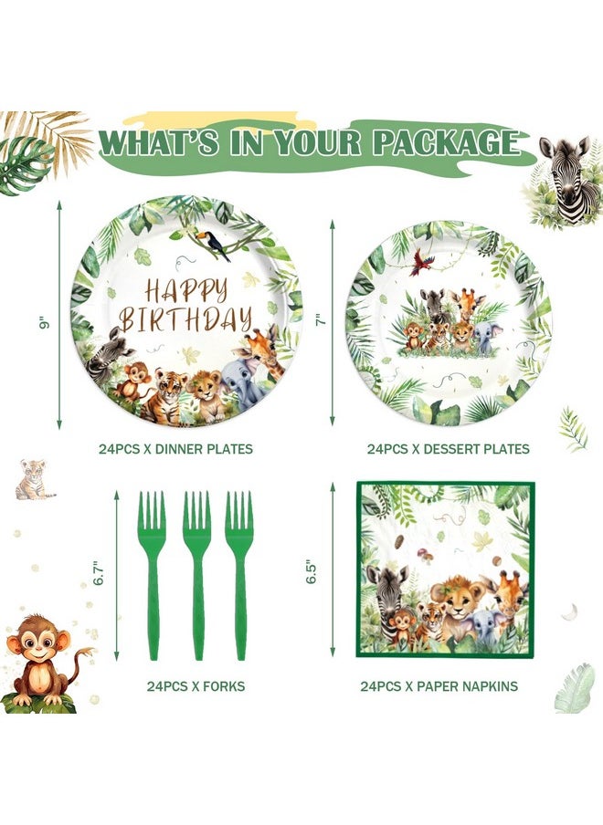 Safari Birthday Supplies Tableware Set, Jungle Wild Animal Theme Party Decorations Boy, Birthday Decorations For Boys, Green Plates, Napkins, Forks, Serves 24 Guests