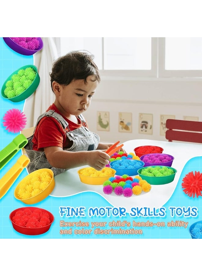 Leitee 71 PCS Fine Motor Toys Counting Sorting Sensory Bin Filler, 60 Hedge Balls 4 Tweezers 2 Scissors Clips 5 Cups for Boys Girls Early Education and Sorting Counting Training Development