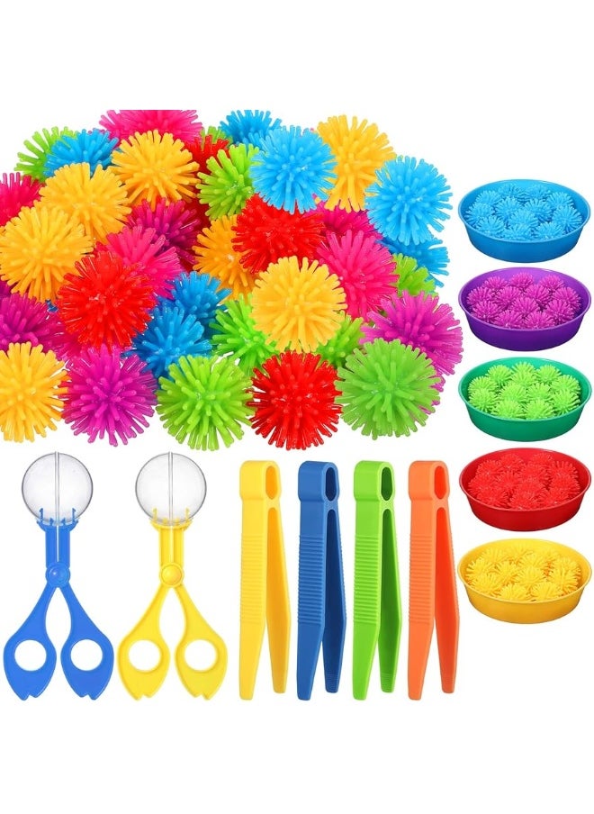 Leitee 71 PCS Fine Motor Toys Counting Sorting Sensory Bin Filler, 60 Hedge Balls 4 Tweezers 2 Scissors Clips 5 Cups for Boys Girls Early Education and Sorting Counting Training Development