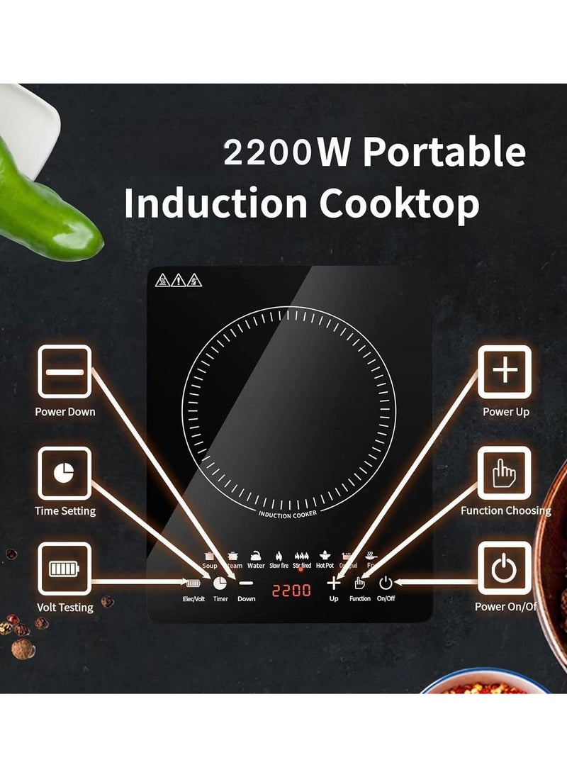 Portable Induction Cooktop, Countertop Burner with Multi-Function, 2200w Electric Stove with Easy Clean Glass, 8 Modes Sensor Touch Cooker