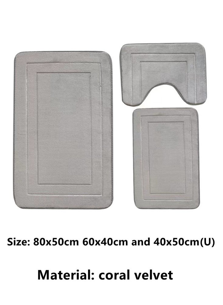 3-Pieces Bathroom Coral Velvet Floor Mat Suit Absorbent Anti-Slip Toilet Carpet Set Grey